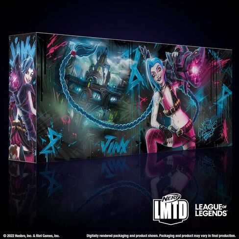 NERF LMTD League of Legends Jinx Fishbones Blaster, 18 Dart Drum, 18 Elite Darts, 3 Dart Burst, Display Stand in Saudi Arabia