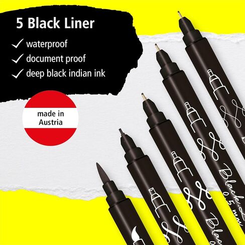Online Black Lettering Set | 5 Black fineliner pens | Made in Austria | Assorted Point Sizes Includes Brush Pen, fine Liner Tips, and Calligraphy tip | Ink pens for Bullet Journal, Writing, Drawing in Saudi Arabia