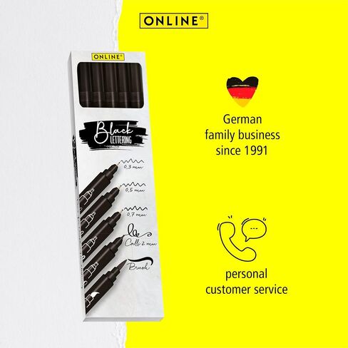 Online Black Lettering Set | 5 Black fineliner pens | Made in Austria | Assorted Point Sizes Includes Brush Pen, fine Liner Tips, and Calligraphy tip | Ink pens for Bullet Journal, Writing, Drawing in Saudi Arabia