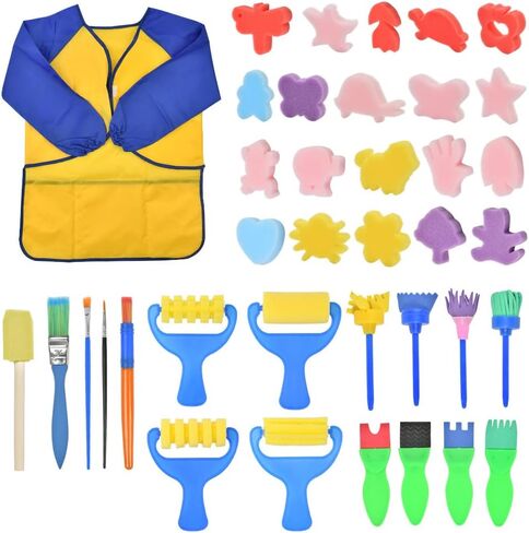 تايم سيتل مجموعة طلاء للاطفال - 31 قطعة من اسفنجات الطلاء للاطفال، تتضمن فرش اسفنجية وفرش طلاء اسفنجية وفرشاة بنمط زهور ومريلة مقاومة للماء ومجموعة فرش in Kuwait