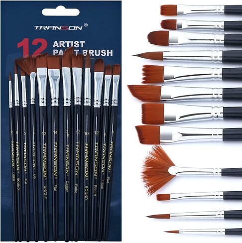 مجموعة فرش طلاء احترافية مكونة من 12 قطعة من ترانسون لطلاء الوجه بألوان مائية من الأكريليك وحبر الغواش والصخور الحرفية in Kuwait