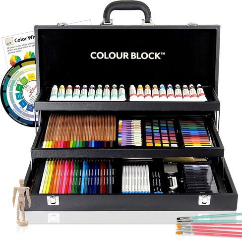 COLOUR BLOCK 181 pc Mixed Media Art Set in Durable PU leather Case - Soft & Oil Pastels, Acrylic & Watercolor Paints, Sketching, Charcoal & Colored Pencils and Tools in Kuwait