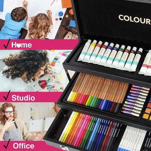 COLOUR BLOCK 181 pc Mixed Media Art Set in Durable PU leather Case - Soft & Oil Pastels, Acrylic & Watercolor Paints, Sketching, Charcoal & Colored Pencils and Tools in Kuwait