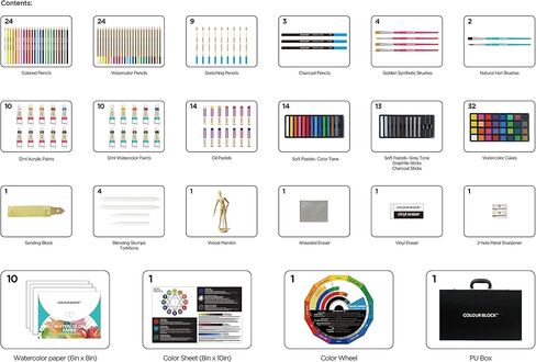 COLOUR BLOCK 181 pc Mixed Media Art Set in Durable PU leather Case - Soft & Oil Pastels, Acrylic & Watercolor Paints, Sketching, Charcoal & Colored Pencils and Tools in Kuwait