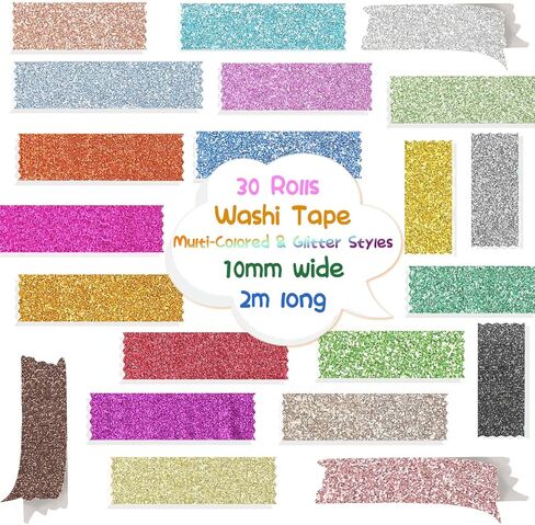 شريط واشي لامع رفيع من إيبورن - 30 لفة 10 مم مجموعة شريط لاصق واشي بألوان قوس قزح، شريط زخرفي رفيع لمجلة الرصاص، والحرف اليدوية اليدوية، والمخطط، وسجل القصاصات، وتغليف الهدايا in Kuwait