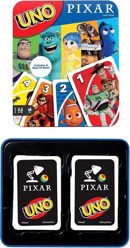 Mattel Games UNO Pixar 25th Anniversary Card Game with 112 Cards & Instructions in Storage Tin for Players 7 Years & Older, Kid, Family & Adult Game Night in Saudi Arabia