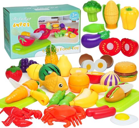 Holady 64 Pcs Play Food Set for Kids Kitchen,Plastics Cutting Fake Food/ Fruit/ Vegetable Accessories with Storage Box,Educational Toy for Girls Boys Birthday in Kuwait