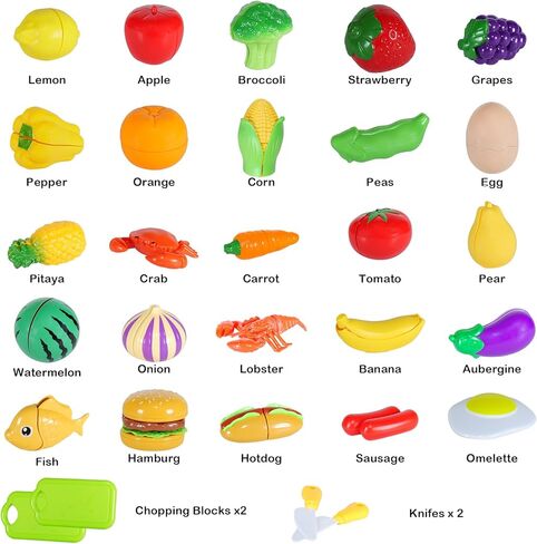 Holady 64 Pcs Play Food Set for Kids Kitchen,Plastics Cutting Fake Food/ Fruit/ Vegetable Accessories with Storage Box,Educational Toy for Girls Boys Birthday in Kuwait