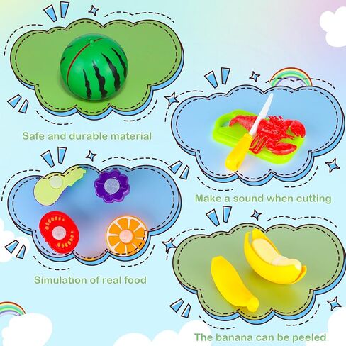 Holady 64 Pcs Play Food Set for Kids Kitchen,Plastics Cutting Fake Food/ Fruit/ Vegetable Accessories with Storage Box,Educational Toy for Girls Boys Birthday in Kuwait