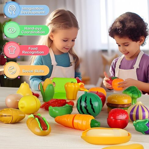 Holady 64 Pcs Play Food Set for Kids Kitchen,Plastics Cutting Fake Food/ Fruit/ Vegetable Accessories with Storage Box,Educational Toy for Girls Boys Birthday in Kuwait