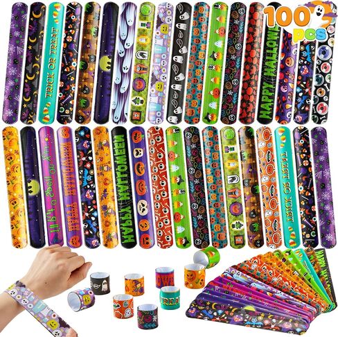 JOYIN Halloween Slap Bracelets Party Favors for Kids - 100 Pcs Friendship Bracelets Halloween Party Supplies and Decorations Snap Bracelets with Halloween Classies Pattern in Saudi Arabia