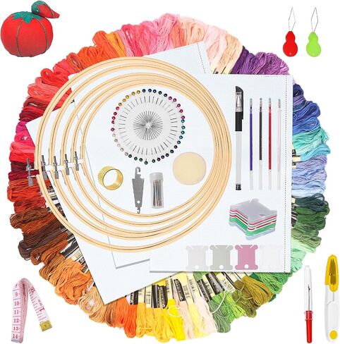 Wokape 212Pcs Embroidery Kit, Cross Stitch Kit Contains 100 Colors Threads, 5Pcs Bamboo Embroidery Hoops, 3Pcs Aida Cloth, 30Pcs Embroidery Needles and 74Pcs More Cross Stitch Tools for Beginner Adult in Saudi Arabia