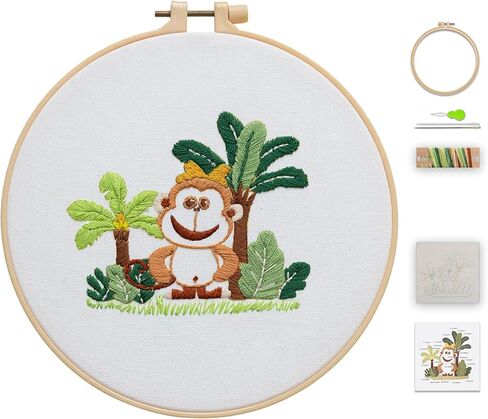 Ebherys Level 1 Embroidery Kits for beginners and adults, different animals pattern, 1set as a pack, inculde 1 hoop, instruction and enough threads, easy and basic stitches (Bunny) in Kuwait