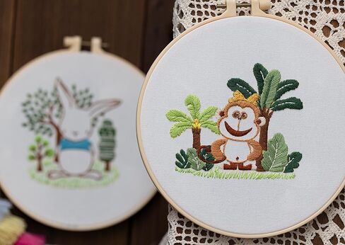 Ebherys Level 1 Embroidery Kits for beginners and adults, different animals pattern, 1set as a pack, inculde 1 hoop, instruction and enough threads, easy and basic stitches (Bunny) in Kuwait