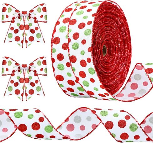 Tatuo 100 Yards 2.5 Inch Christmas Wired Ribbons Glitter Burlap Ribbon Green Red Polka Dot Ribbon for DIY Christmas Tree Decoration Craft Bow Wreath Gift Wrapping (Green, Red, White) in Saudi Arabia