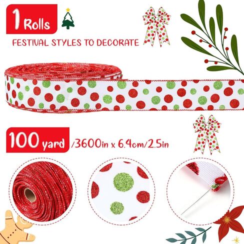 Tatuo 100 Yards 2.5 Inch Christmas Wired Ribbons Glitter Burlap Ribbon Green Red Polka Dot Ribbon for DIY Christmas Tree Decoration Craft Bow Wreath Gift Wrapping (Green, Red, White) in Saudi Arabia