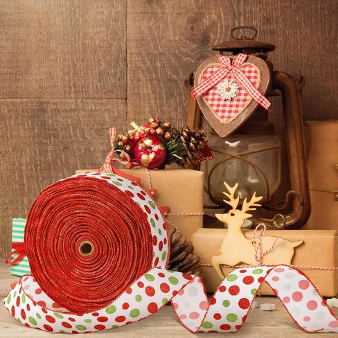Tatuo 100 Yards 2.5 Inch Christmas Wired Ribbons Glitter Burlap Ribbon Green Red Polka Dot Ribbon for DIY Christmas Tree Decoration Craft Bow Wreath Gift Wrapping (Green, Red, White) in Saudi Arabia