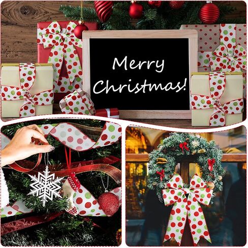 Tatuo 100 Yards 2.5 Inch Christmas Wired Ribbons Glitter Burlap Ribbon Green Red Polka Dot Ribbon for DIY Christmas Tree Decoration Craft Bow Wreath Gift Wrapping (Green, Red, White) in Saudi Arabia