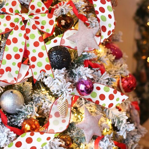 Tatuo 100 Yards 2.5 Inch Christmas Wired Ribbons Glitter Burlap Ribbon Green Red Polka Dot Ribbon for DIY Christmas Tree Decoration Craft Bow Wreath Gift Wrapping (Green, Red, White) in Saudi Arabia