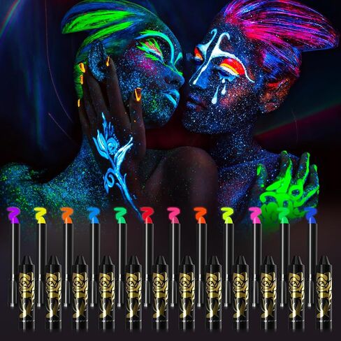 Kleeblatt Glow In The Dark Face Body Paint, 12pcs Uv Face Paint Crayons, Neon Body Paint, Face Painting Kit for Kids Party, Halloween Makeup Kit for Adults, Black Face Paint Markers Stick in Kuwait