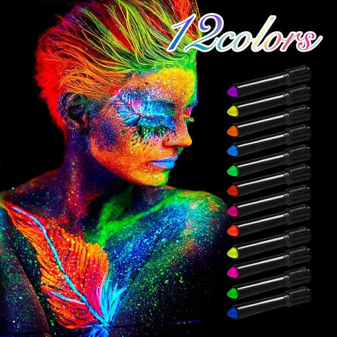 Kleeblatt Glow In The Dark Face Body Paint, 12pcs Uv Face Paint Crayons, Neon Body Paint, Face Painting Kit for Kids Party, Halloween Makeup Kit for Adults, Black Face Paint Markers Stick in Kuwait