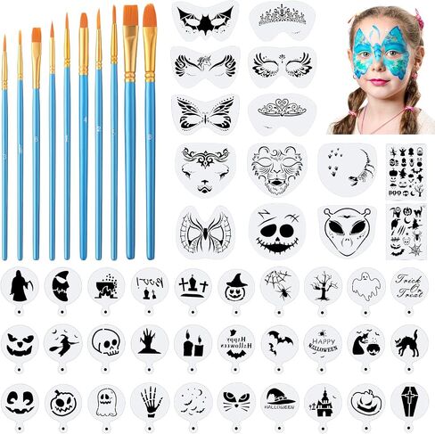 54 Pieces Halloween Face Painting Stencil Sets Halloween Pumpkin Ghost Stencils Blue Painting Brushes Kids Women Paint Stencils Hollow Tattoo Template for Halloween Holiday Party Makeup Face Painting in Saudi Arabia