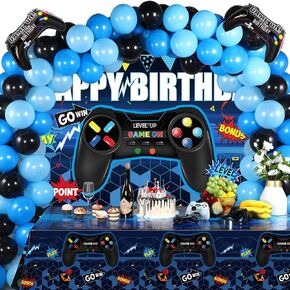 Video Game Birthday Party Decorations Set Gaming Happy Birthday Supplies Includes Video Game Backdrop, Table Covers, Balloons and Foil Gamer Balloons for Party(Blue and Black)