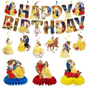 Princess Belle Birthday Party Decorations Beauty Beast Happy Birthday Banner, Hanging Swirls and Honeycomb Centerpieces for Princess Birthday Baby Shower Party Decorations in Kuwait