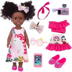 OTMOON 14.5 Inch Black Doll with Clothes Dress Sets African American Baby Doll Silicone Black Dolls
