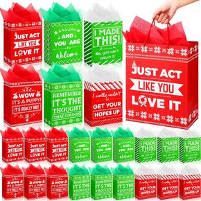 Qilery 24 Pack 13'' Large Funny Christmas Gifts Christmas Funny Bags with Tissue Paper Funny Gift Bags for Adults Funny Christmas Wrapping Paper Birthday Gift Bag Reusable Paper for Christmas Party in Saudi Arabia