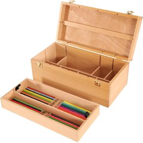 VISWIN Multi-Function Artist Storage Box, Portable Solid Beech Wooden Tool Box with Drawer, Three Layers Art Supplies Storage Box for Paint Brush, Pen, Pastel, Paining Supplies, 13 1/2" x9 1/2"x5"