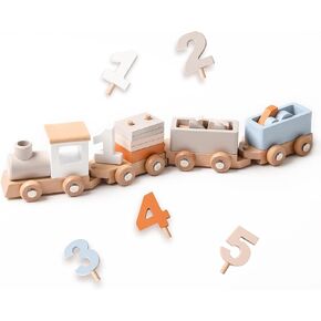 Samonyed Montessori Stacking Toys for Toddlers 1-5 Wooden Train Set for Babies Wood Train Toys Classic Wooden Cars with Numbers and Blocks for Boys Girls 1 2 3 4 5 Birthday Gift