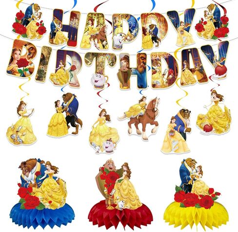 Princess Belle Birthday Party Decorations Beauty Beast Happy Birthday Banner, Hanging Swirls and Honeycomb Centerpieces for Princess Birthday Baby Shower Party Decorations in Kuwait
