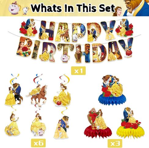 Princess Belle Birthday Party Decorations Beauty Beast Happy Birthday Banner, Hanging Swirls and Honeycomb Centerpieces for Princess Birthday Baby Shower Party Decorations in Kuwait