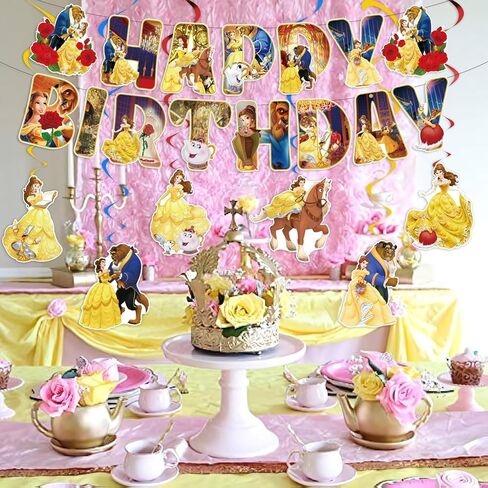 Princess Belle Birthday Party Decorations Beauty Beast Happy Birthday Banner, Hanging Swirls and Honeycomb Centerpieces for Princess Birthday Baby Shower Party Decorations in Kuwait
