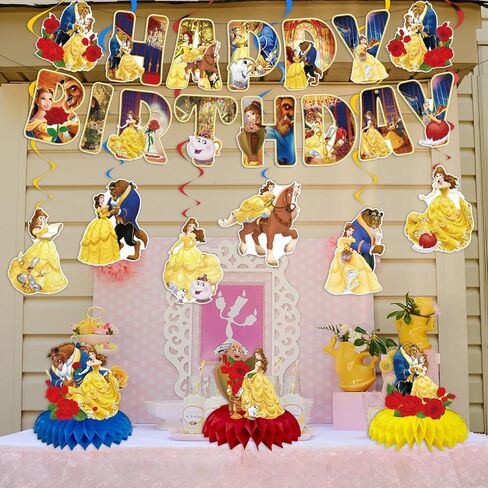 Princess Belle Birthday Party Decorations Beauty Beast Happy Birthday Banner, Hanging Swirls and Honeycomb Centerpieces for Princess Birthday Baby Shower Party Decorations in Kuwait