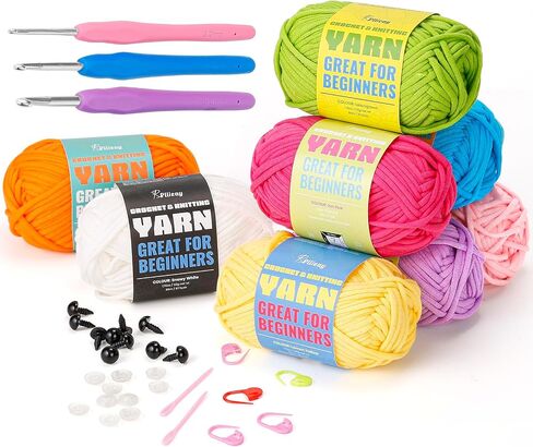 Pllieay 8 Pack of 50g Yarn for Crocheting and Knitting, 8x80m Crochet Yarn Beginner Yarn Knitting Kit with Crochet Hook, Crochet Kit with Easy-to-See Stitches - Worsted Medium #4 Yarn in Saudi Arabia