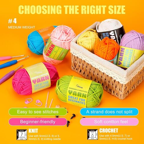 Pllieay 8 Pack of 50g Yarn for Crocheting and Knitting, 8x80m Crochet Yarn Beginner Yarn Knitting Kit with Crochet Hook, Crochet Kit with Easy-to-See Stitches - Worsted Medium #4 Yarn in Saudi Arabia