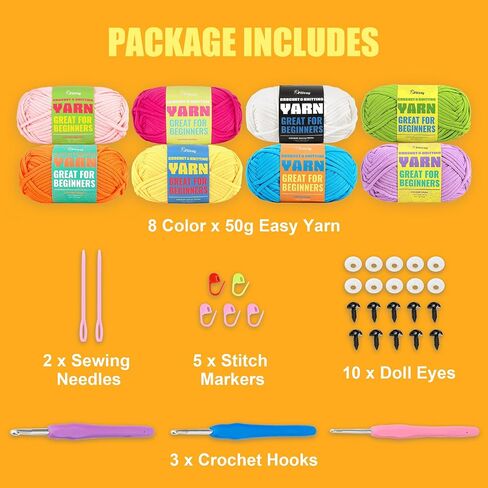 Pllieay 8 Pack of 50g Yarn for Crocheting and Knitting, 8x80m Crochet Yarn Beginner Yarn Knitting Kit with Crochet Hook, Crochet Kit with Easy-to-See Stitches - Worsted Medium #4 Yarn in Saudi Arabia