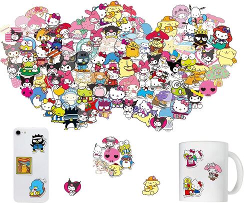 100 قطعة من ملصقات ماي ميلودي كورومي هالو كيتي، ملصقات كرتونية يابانية سينامورول كيروبي بومبورين للاطفال والمراهقين والبالغين، ملصقات فينيل متينة للابتوب للجيتار الممتص للصدمات (ملصقات سانريو) in Kuwait