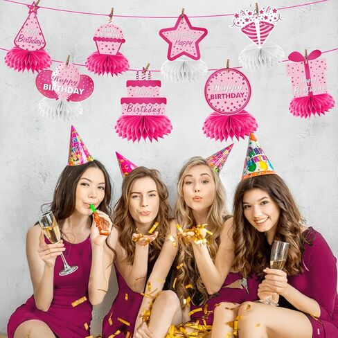 8Pcs Hot Pink Birthday Decorations Honeycomb Centerpieces for Girls Women, Happy Birthday Table Centerpieces Party Supplies, 10th 16th 21st 30th 40th 50th 60th Birthday Table Topper Décor in Kuwait