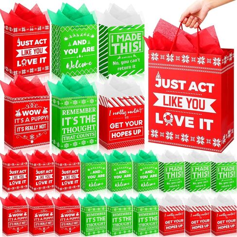 Qilery 24 Pack 13'' Large Funny Christmas Gifts Christmas Funny Bags with Tissue Paper Funny Gift Bags for Adults Funny Christmas Wrapping Paper Birthday Gift Bag Reusable Paper for Christmas Party in Saudi Arabia