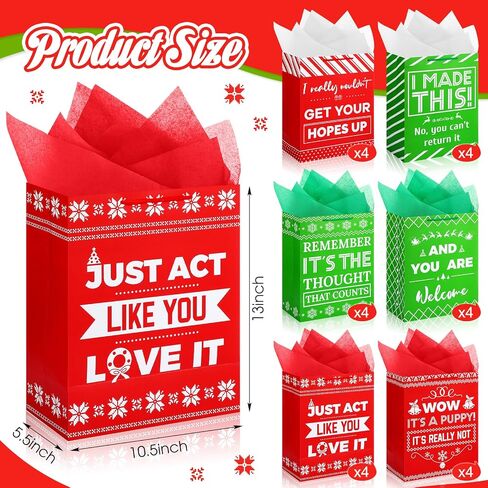 Qilery 24 Pack 13'' Large Funny Christmas Gifts Christmas Funny Bags with Tissue Paper Funny Gift Bags for Adults Funny Christmas Wrapping Paper Birthday Gift Bag Reusable Paper for Christmas Party in Saudi Arabia