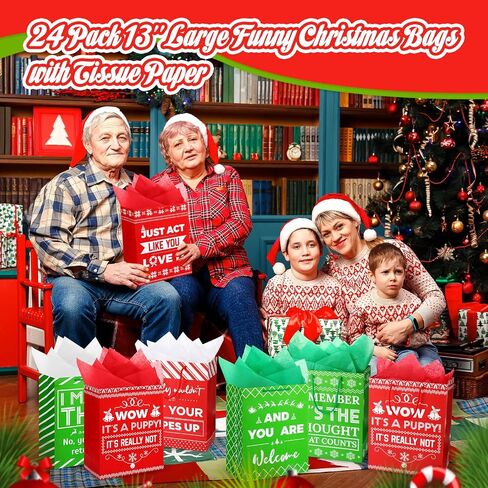Qilery 24 Pack 13'' Large Funny Christmas Gifts Christmas Funny Bags with Tissue Paper Funny Gift Bags for Adults Funny Christmas Wrapping Paper Birthday Gift Bag Reusable Paper for Christmas Party in Saudi Arabia