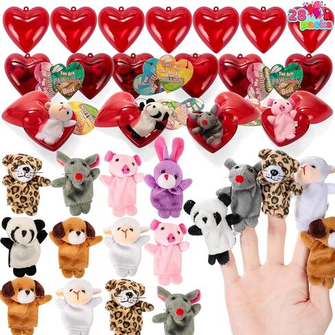 JOYIN 28 Packs Valentines Day Prefilled Hearts with Plush Animal Finger Puppet and Valentins Card for Kids Valentine Classroom Exchange, Valentine Party Favors, Gift Exchange, Game Prizes in Saudi Arabia