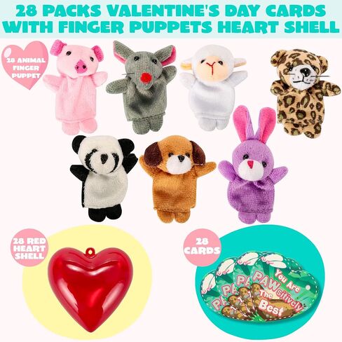 JOYIN 28 Packs Valentines Day Prefilled Hearts with Plush Animal Finger Puppet and Valentins Card for Kids Valentine Classroom Exchange, Valentine Party Favors, Gift Exchange, Game Prizes in Saudi Arabia