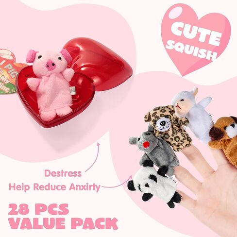 JOYIN 28 Packs Valentines Day Prefilled Hearts with Plush Animal Finger Puppet and Valentins Card for Kids Valentine Classroom Exchange, Valentine Party Favors, Gift Exchange, Game Prizes in Saudi Arabia