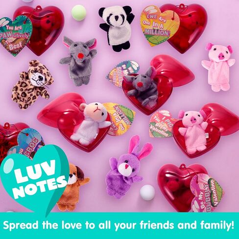 JOYIN 28 Packs Valentines Day Prefilled Hearts with Plush Animal Finger Puppet and Valentins Card for Kids Valentine Classroom Exchange, Valentine Party Favors, Gift Exchange, Game Prizes in Saudi Arabia