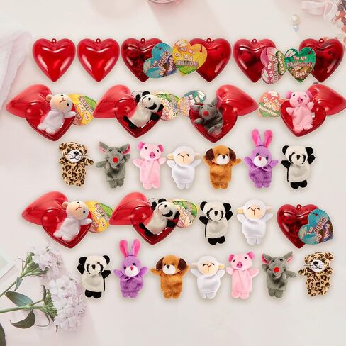 JOYIN 28 Packs Valentines Day Prefilled Hearts with Plush Animal Finger Puppet and Valentins Card for Kids Valentine Classroom Exchange, Valentine Party Favors, Gift Exchange, Game Prizes in Saudi Arabia