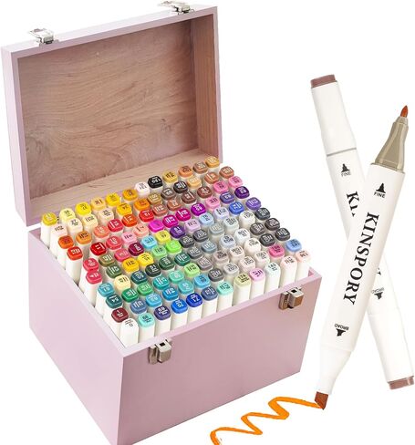 120 قطعة من أقلام تحديد الكحول من KINSPORY، علبة خشبية فاخرة، أقلام رسم فنية بيضاء مزدوجة الرأس، هدية للفنانين والأطفال البالغين - وردي in Kuwait